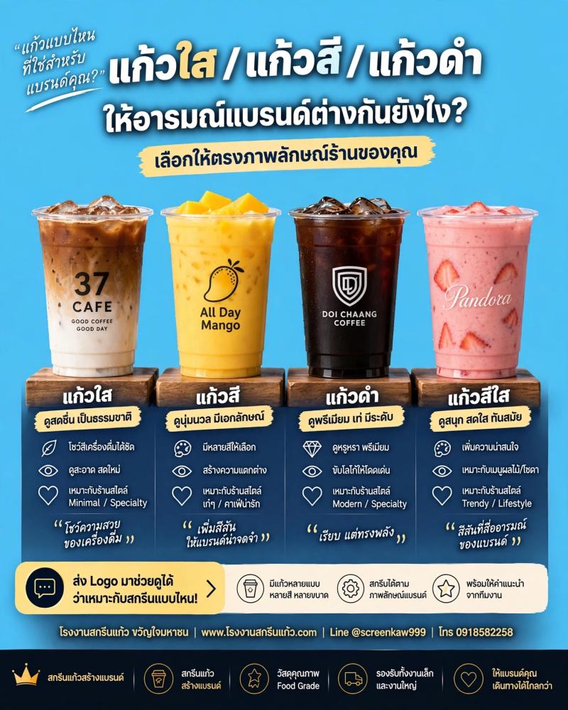 เลือกแก้วแบบไหนดี? แก้วใส แก้วสี แก้วดำ ให้อารมณ์แบรนด์ต่างกัน | โรงงานสกรีนแก้วขวัญใจมหาชน