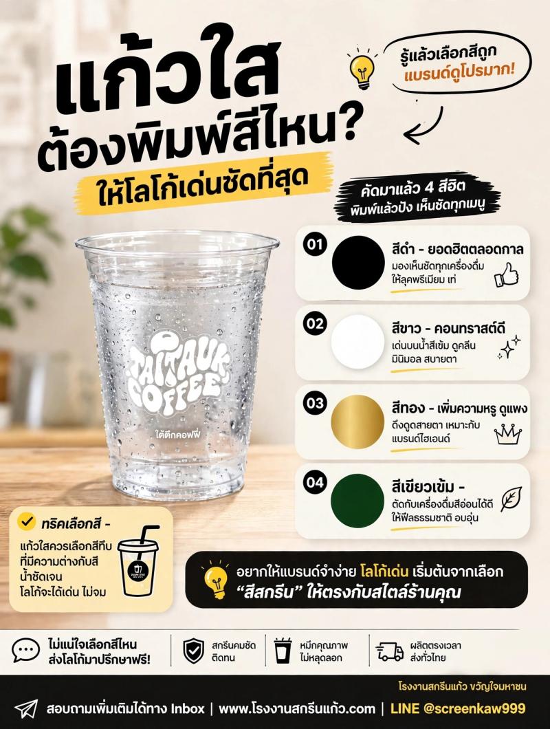 แก้วใสควรสกรีนสีอะไร? 4 สีฮิตที่ทำให้โลโก้เด่นชัด ขายดีทุกเมนู